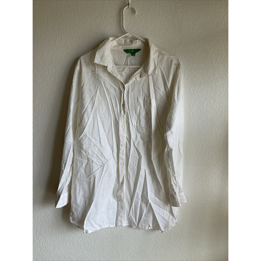 Dips Women White Yellow Striped Long Tunic Button Shirt Dress Size XL